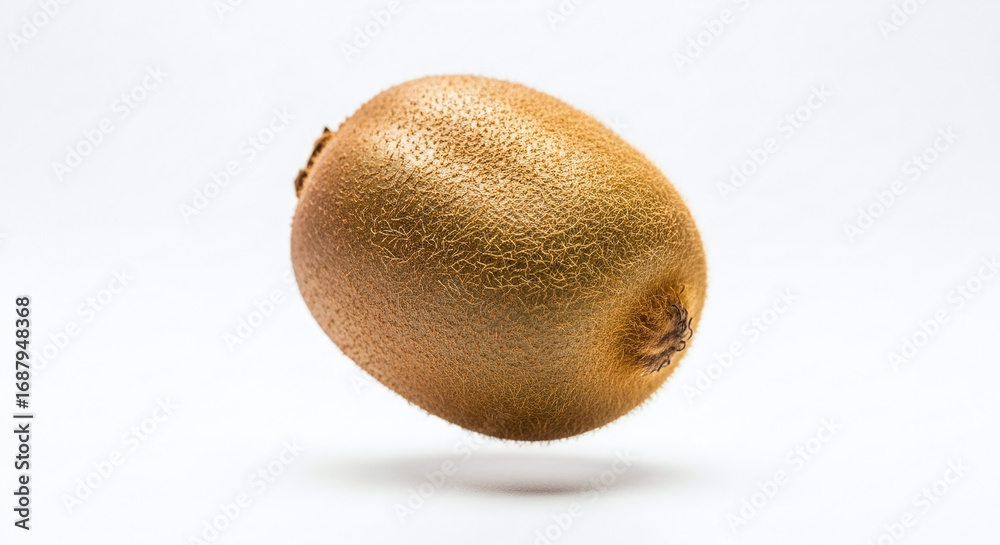 Fototapeta premium A single kiwi fruit with brown fuzzy skin isolated on a plain white background with soft shadow below