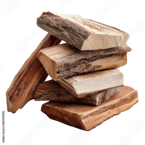 Stack of split firewood.  Stacked, light-brown, and dark-brown pieces of wood.  Natural wood grain visible