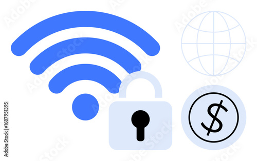 wireless icon, secure lock, globe, and dollar sign emphasize online security, global connectivity, and safe financial transactions. Ideal for IT, e-commerce, fintech cybersecurity network