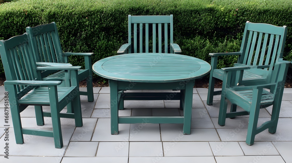 Obraz premium Rustic Green Patio Set, Round Table and Four Chairs