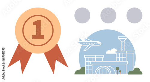 Award ribbon beside an airport with a plane taking off, symbolizing recognition, success, and travel. Ideal for travel industry, aviation, awards, success, global connection quality service