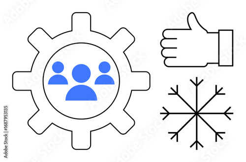Gear with team icons, thumbs-up, and snowflake symbolizing efficiency, teamwork, process management, innovation, approval, organization. Ideal for business workflow communication productivity