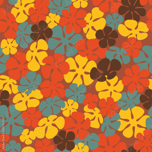 1970s Colors of Retro Flowers Packed in a Non Directional Design on a Rust Brown background creating a seamless pattern print