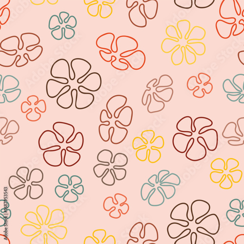 1970s Colors of Line Art of Retro Flowers on a Pastel Orange background creating a seamless pattern print