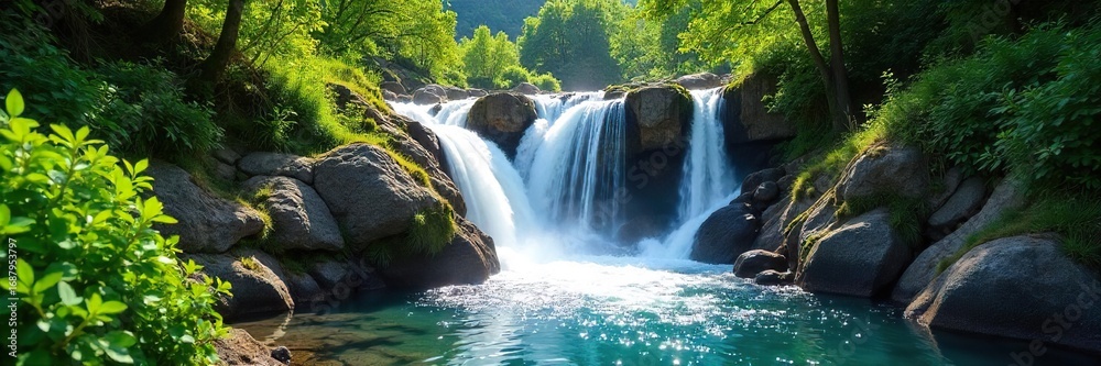 Fototapeta premium Crystal-clear water cascades down a lush green hillside, creating a serene and refreshing scene Sunlight glistens on the flowing water, highlighting the vibrant natural beauty , pure, rural