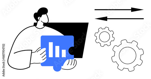 Person holding bar chart piece, next to arrows and gears symbolizing data analysis, team collaboration, workflow, process efficiency, technical solutions, innovation, simple landing page