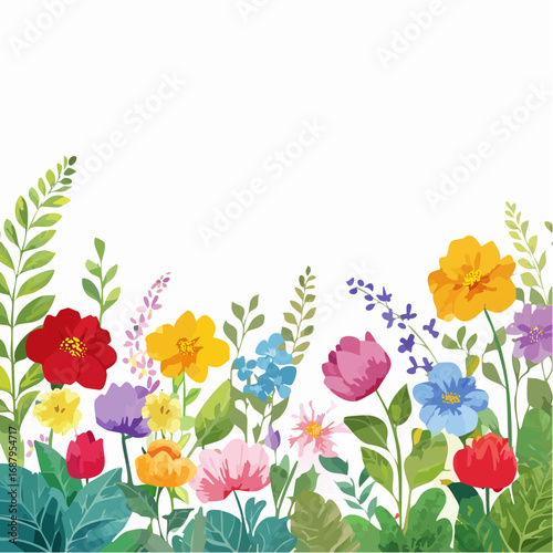 Collection of Meadow Flowers, Side View of Watercolor Blooming Tree or Forest, Isolated on White Background, Elements for Landscape and Architectural Illustrations.