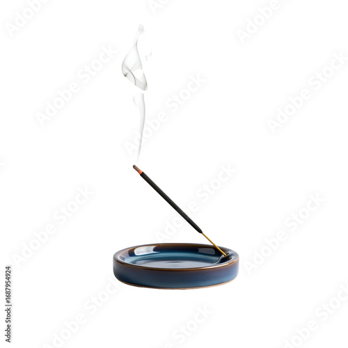 Incense Stick Burning, Creating Aromatic Smoke, on a Ceramic Dish, with a Transparent Background for Easy Editing