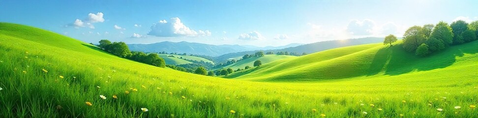 Fotobehang Groen Serene landscape featuring a lush green meadow bathed in sunlight, rolling hills in the distance, and a clear blue sky Perfect for nature, travel, and environmental themes , sunlight, idyllic, green  © Pat