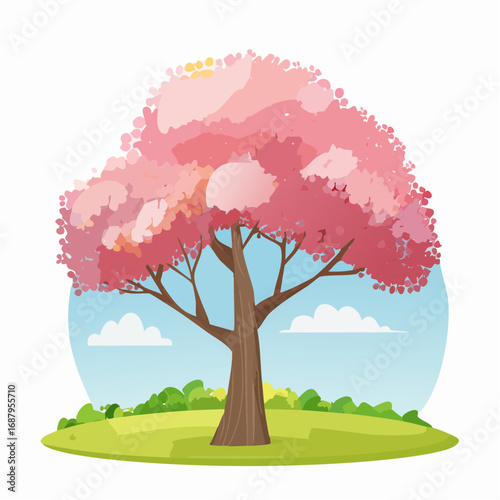 Vector watercolor blooming flower tree side view isolated on white background for landscape and architecture drawing, elements for environment or and garden,Sakura trees for .