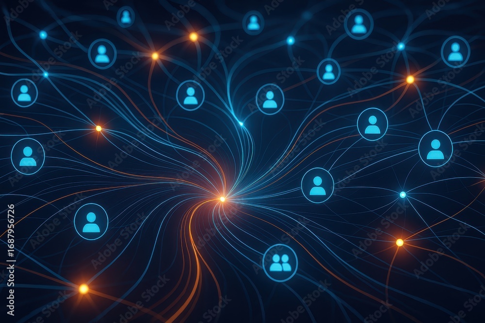 Obraz premium Social media network visualization with interconnected nodes and bright blue connectivity patterns for digital technology themes