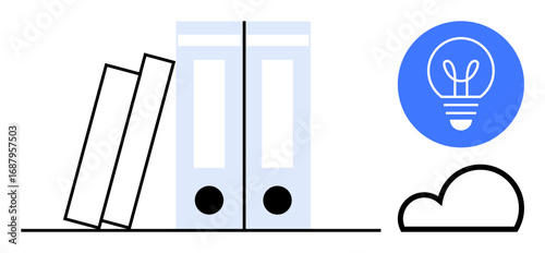 Stacked file folders, standing binders with a glowing lightbulb icon for ideas, and a cloud symbol. Ideal for organization, digital storage, innovation, creativity, knowledge, education simple