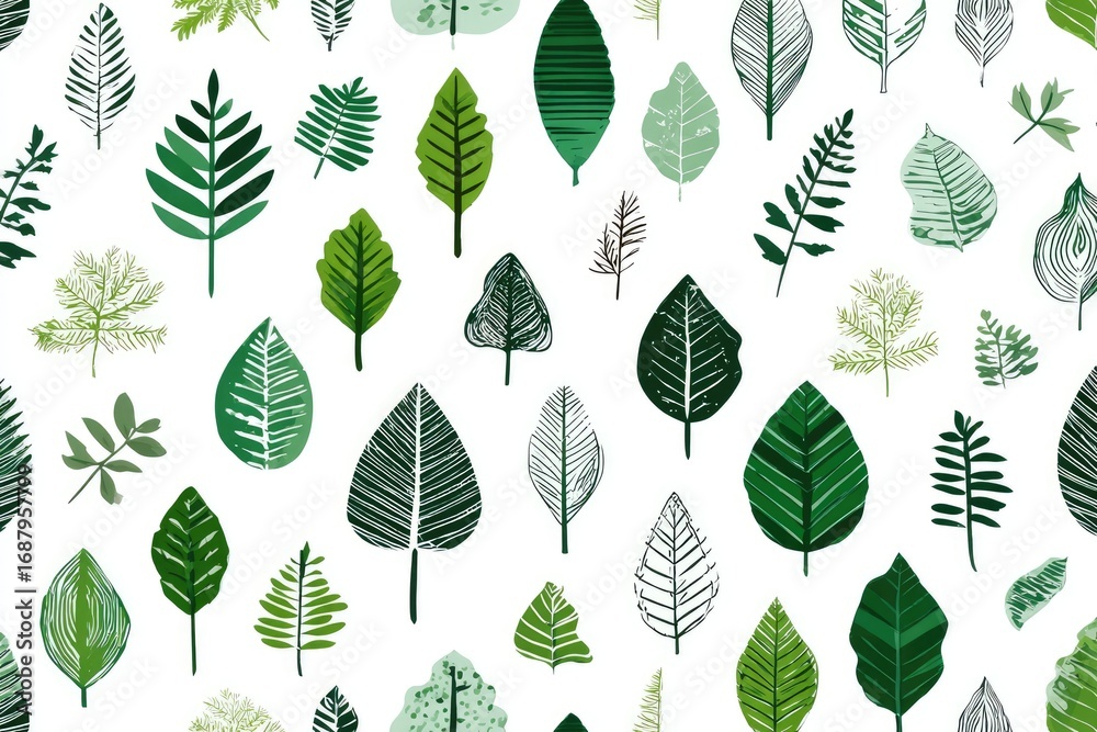 Seamless pattern of various leaves in shades of green on a white background