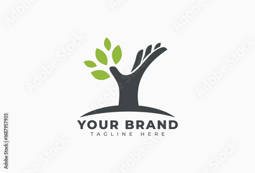 hand and tree with green leaves logo design templates