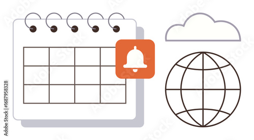 Spiral calendar with notification bell, globe, and cloud emphasizing organization, reminders, global reach, and digital planning. Ideal for workflow, time management, online platforms remote work