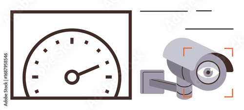Speedometer indicating measurement paired with surveillance camera for security and alertness. Ideal for technology, security, surveillance, speed, control, monitoring strategies, efficiency. Simple