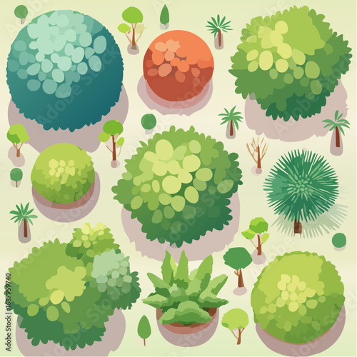 Collection of watercolor tree top view for landscape plan and architecture layout
