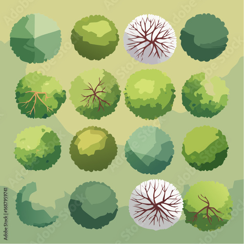 Collection of watercolor tree top view for landscape plan and architecture layout
