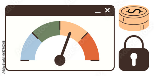 Speedometer with diverse color segments, a needle indicating performance, coins for financial value, and padlock for security. Ideal for finance, risk management, business growth, performance