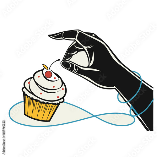 Black gloved hand is placing a cherry on a cupcake