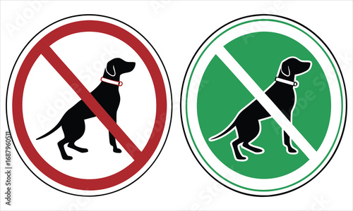 No dogs allowed signs with red and green backgrounds