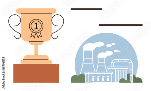 Golden cup with number one emblem on wooden base beside factory emitting smoke. Ideal for competition, achievement, industry, leadership, sustainability, recognition, success. Clean simple flat