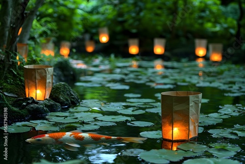 Serene Koi Pond with Floating Lanterns at Night