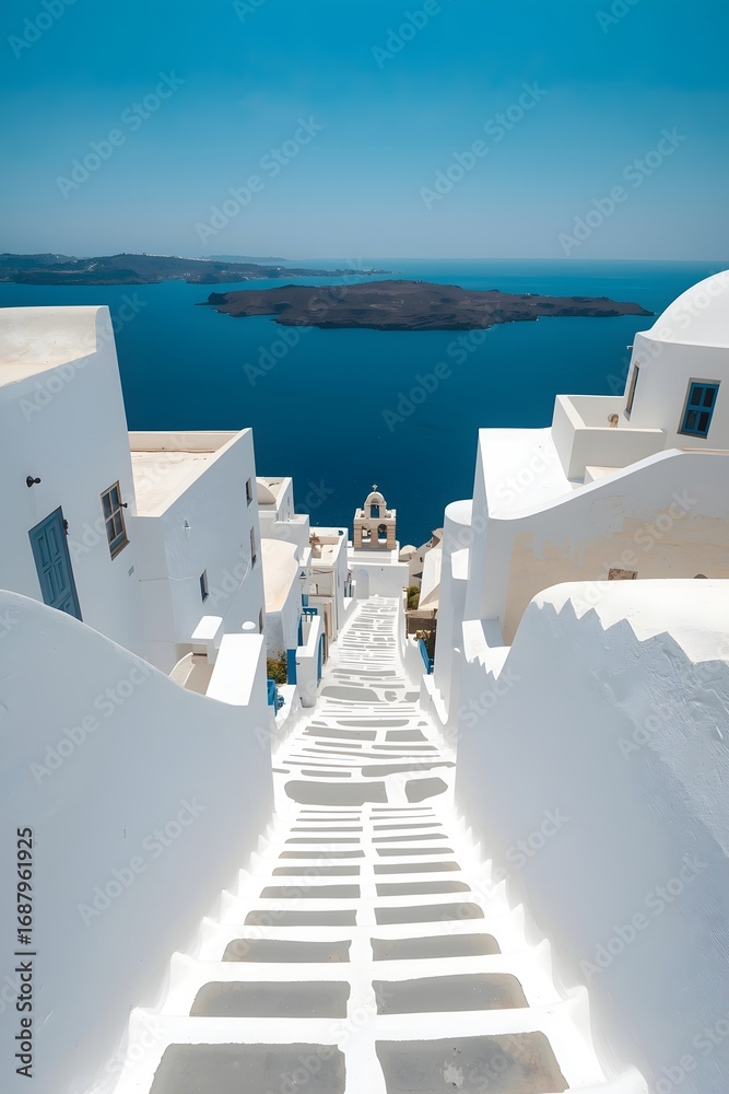Obraz premium Picturesque view of traditional whitewashed architecture with narrow stone steps leading down to the deep blue sea in Santorini, Greece, showcasing Mediterranean beauty and charm
