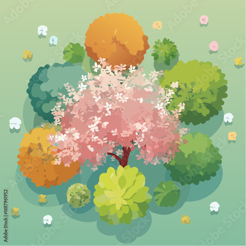 Tree or forest top view for landscape layout,watercolor plant for architecture drawing, environment and garden,botanical elements for plan,blooming tree in .