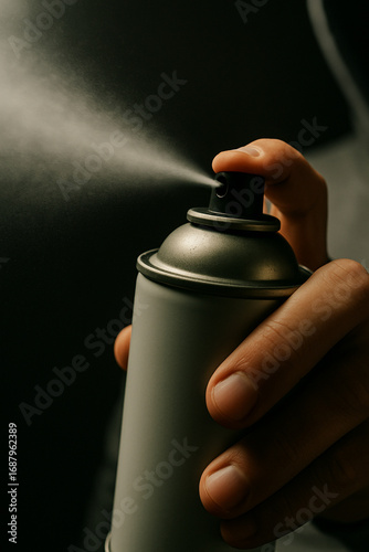 Closeup macro of spray paint aerosol can being used with visible mist on black background
