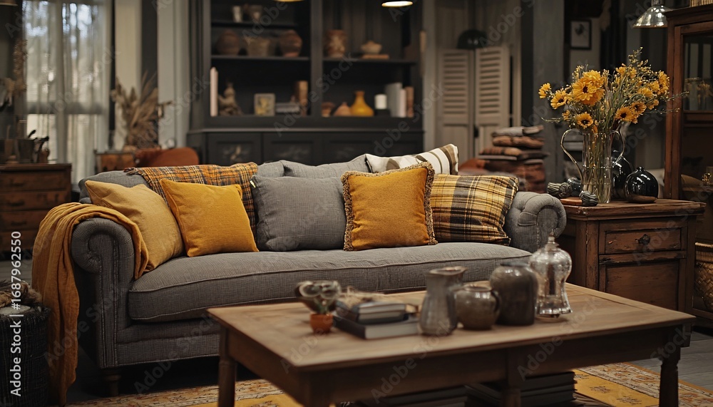 Obraz premium The image shows a living room interior with a gray sofa, multiple throw pillows in shades of yellow and gray, wooden furniture pieces, and a vase of sunflowers.