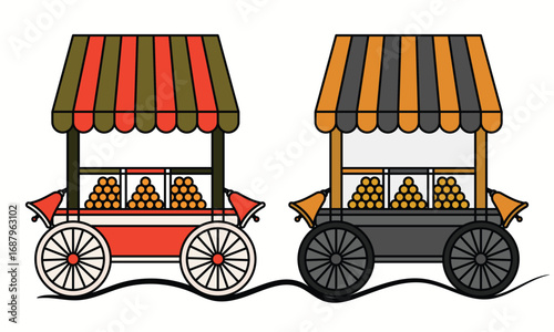 Asian Small Business Pani Puri Hand Push Snack Cart Two Wheel Vector Illustration