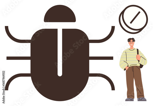 Large insect icon near medicine capsule and a thoughtful person. Ideal for biology, health, pest control, pharmacology, observation, education, awareness. Simple flat metaphor