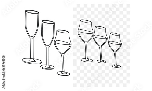 Collection of outline drawings of various wine and champagne glasses