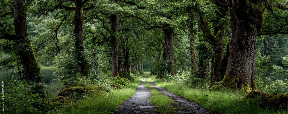 Obraz premium Lush forest path through towering trees