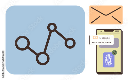 Network connections on a chart, envelop email, and smartphone with fingerprint, verification alert. Ideal for cybersecurity, digital communication, data sharing, authentication, app development