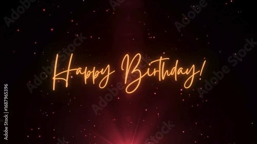 Animated happy birthday video clip design bold orange neon font dark abstract background celebration festive colorful party greeting 4k motion vibrant cheerful fun bright joyful festive animation