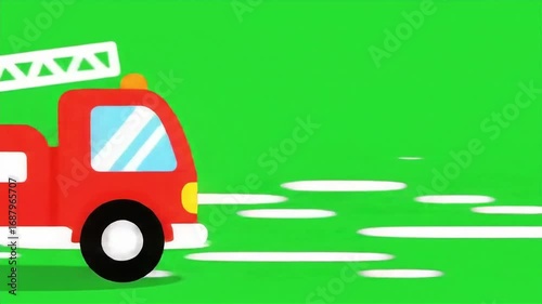 Cartoon Fire Truck Moving Side to Side on Bright Green Background in Flat Animation Style