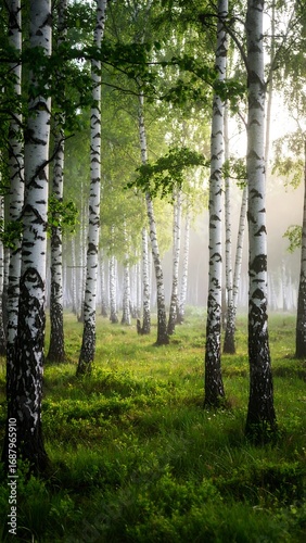 Misty birch forest at dawn