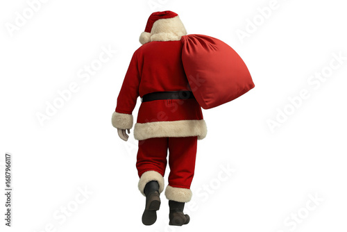 Santa claus walking away carrying bag of gifts on transparent background