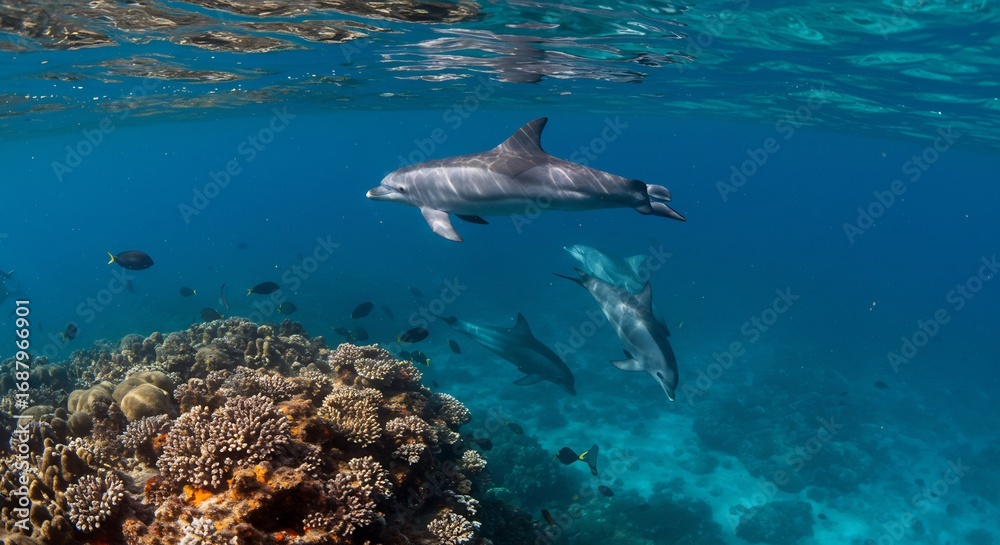 Obraz premium 穏やか海中 珊瑚礁優雅に泳ぐイルカ群 透き通る水光. AI Generated
