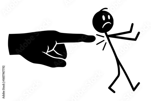 Accusation symbol with pointing hand, stick figure