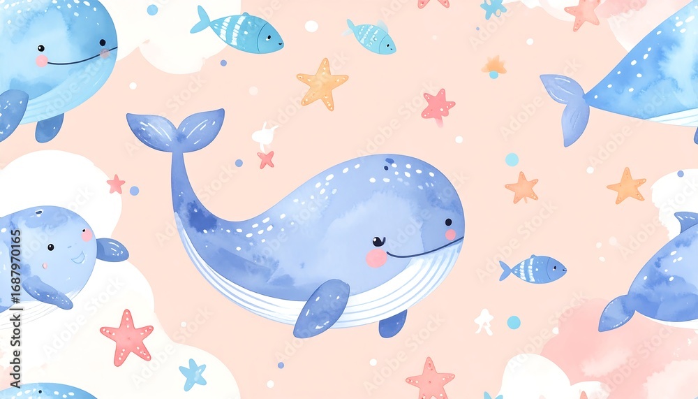 Naklejka premium Cute whales and fish in a watercolor style