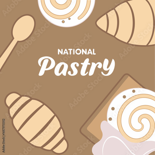 Vector illustration of a delicious chocolate croissant with a brown snail icon and abstract background design