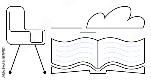 Minimalist open book alongside modern chair and cloud element evokes themes of reading, learning, creativity, and relaxation. Ideal for education, training, work-life balance, learning resources