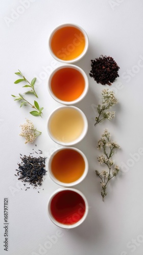 Five teacup samples, various colors, herbs and loose leaf tea