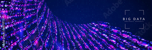 Big Data Flow Abstract Background. Technology Bg With Dynamic  Lines, Dots And Numbers For AI Network. Digital Cloud Pattern With A Gradient Effect And Information Flow. Blue Tech Big Data Flow