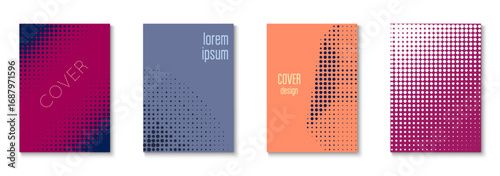 Halftone Pattern Set. Cool Circles In Minimal Layout. Minimalistic Brochure In 2d Frame. Business Flyer. Minimalist Book Poster. Geometric Dot Cover. Trendy Halftone Pattern