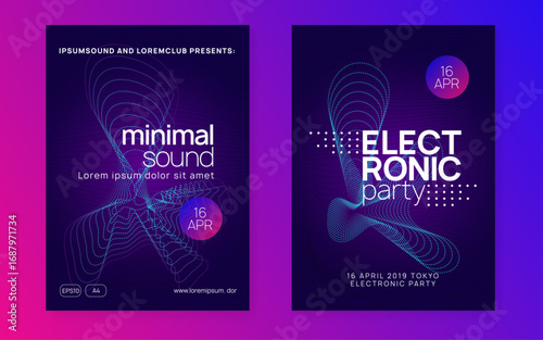 Night Club Poster. Festival Invite. Night Club Event. Blue Sound Set. Psychedelic Beat Illustration. Edm Electro Graphic. Violet Music Magazine. Green Night Club Poster