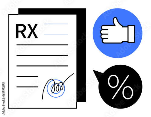 Medical prescription with signature, blue thumb-up sign, and discount percentage icon. Ideal for healthcare, pharmacy, discount offers, approvals, medicine, promotions simple landing page